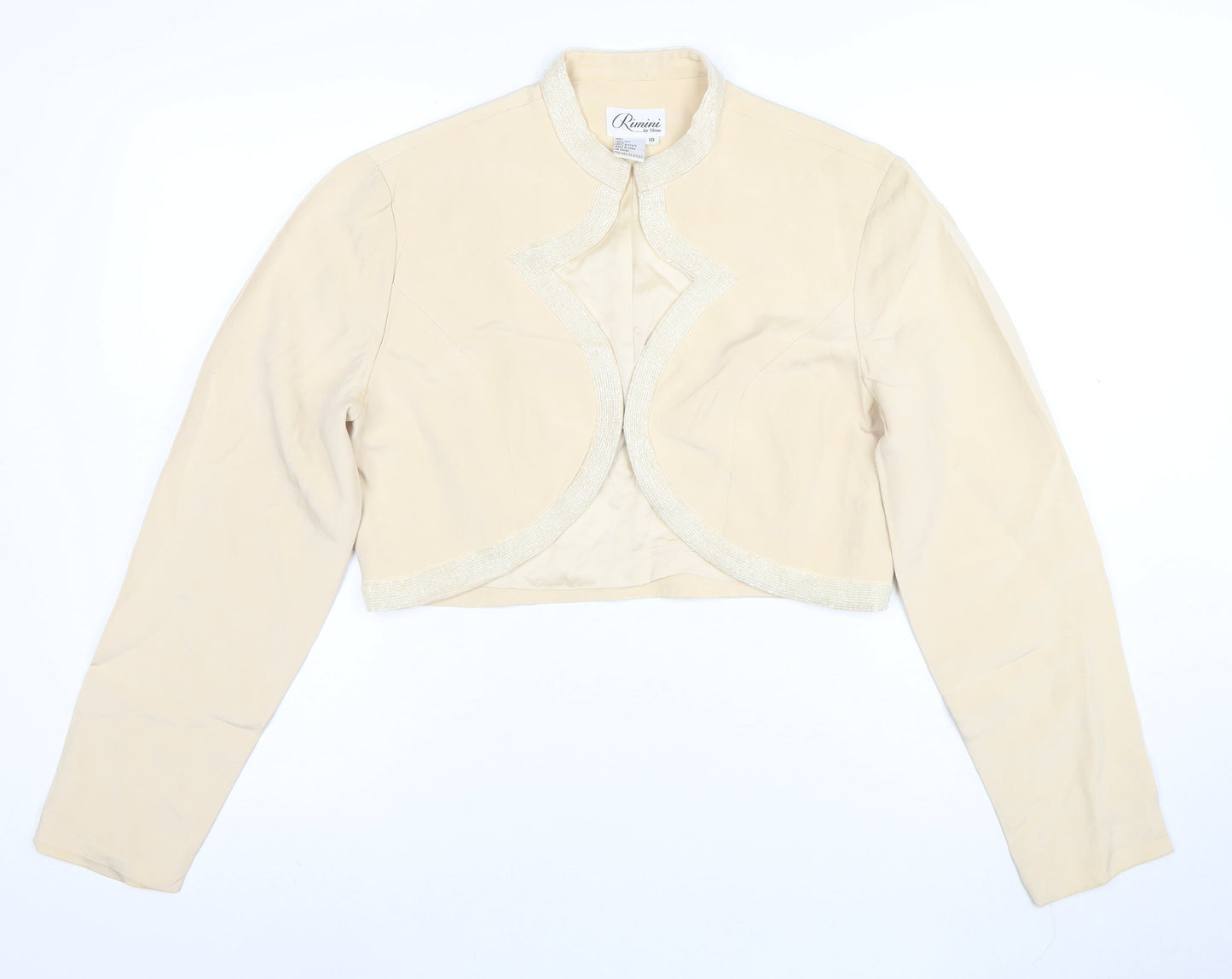 Rimini by Shaw Women Beige Cropped Silk Jacket Size 10 Beaded Trim