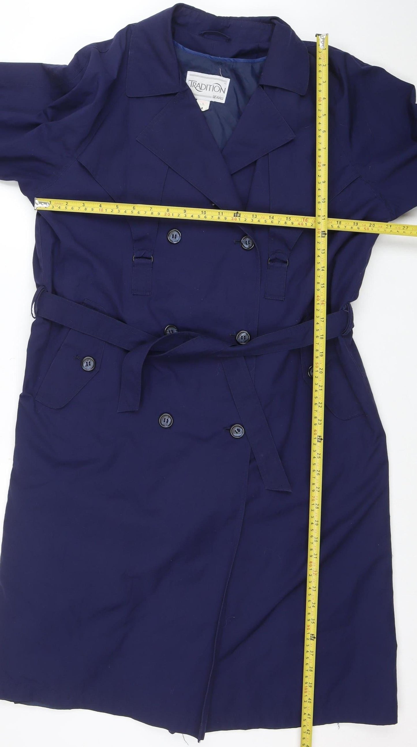 Tradition Sears Women's Blue Petites 6 Long Trench Coat Belted Nylon