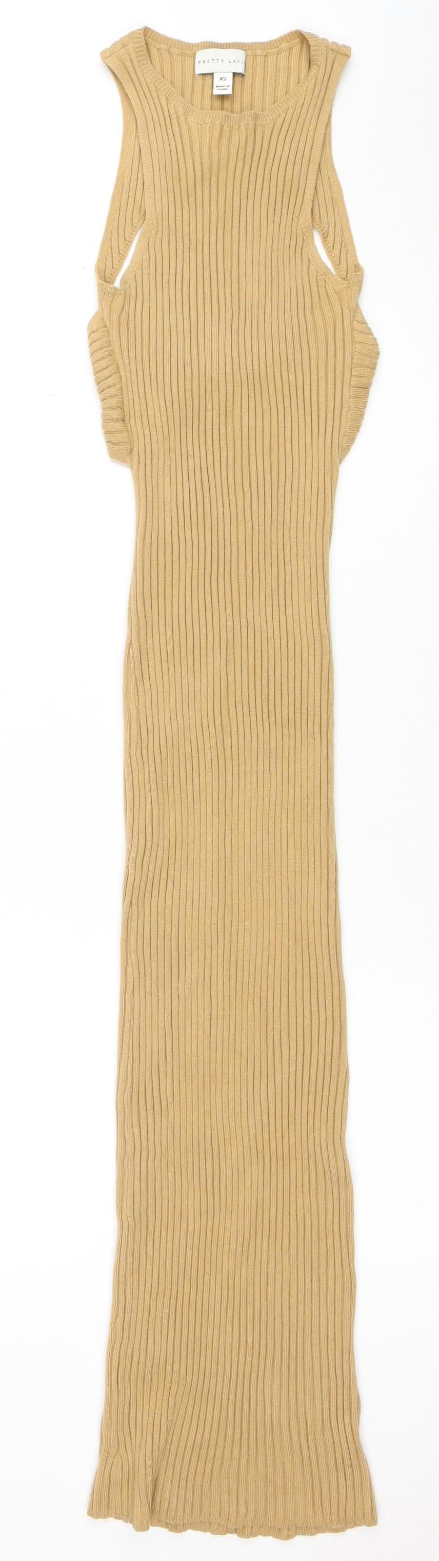 Pretty Lavish Women’s Beige Sleeveless Ribbed Midi Bodycon Dress XS