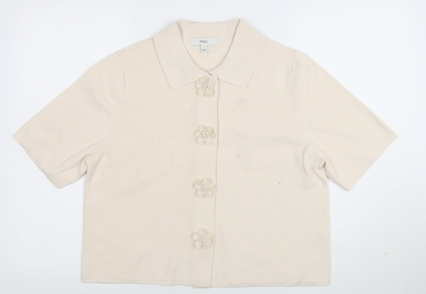 Marks and Spencer Women Beige L Cardigan Short Sleeve Flower Button Knit