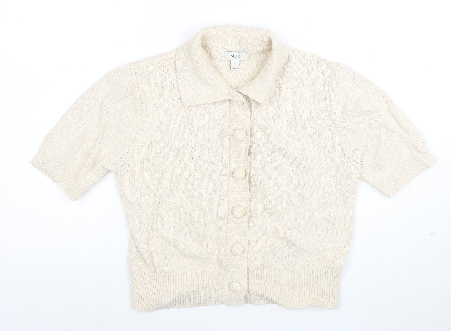 Marks and Spencer Women Ivory Short Sleeve Collared Cardigan S