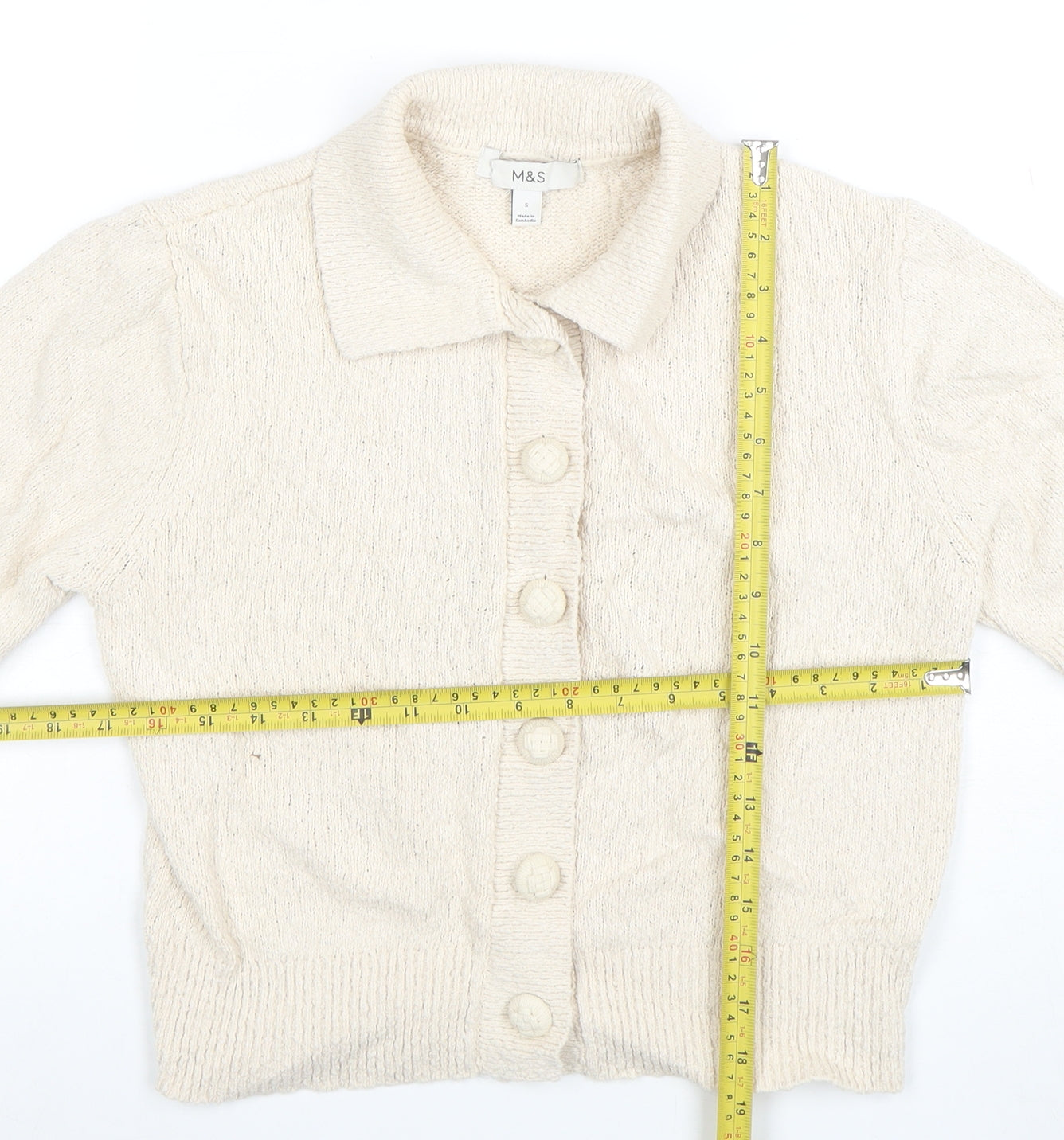 Marks and Spencer Women Ivory Short Sleeve Collared Cardigan S