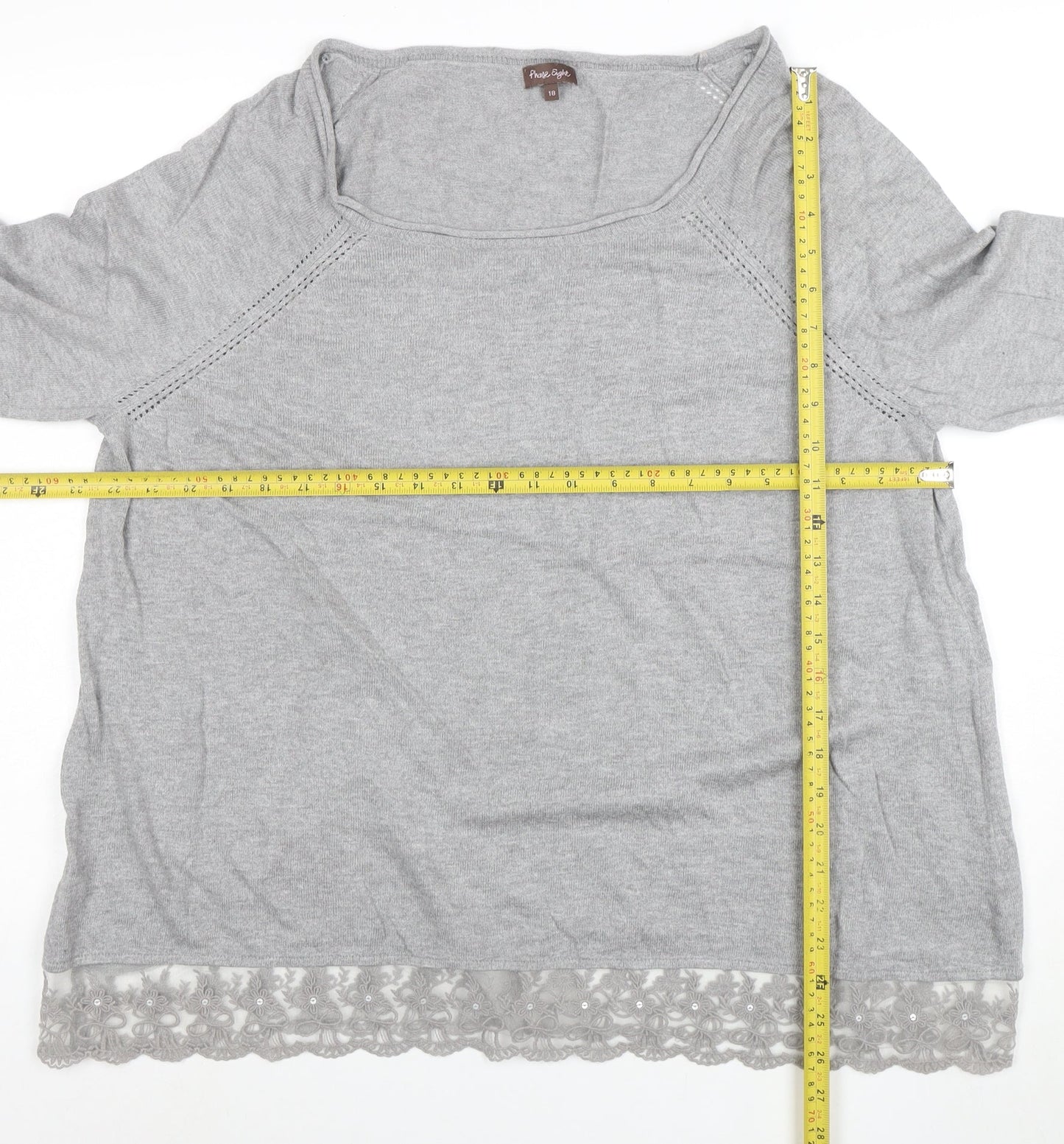 Phase Eight Women's Grey Lace Hem 3/4 Sleeve Jumper Size 18
