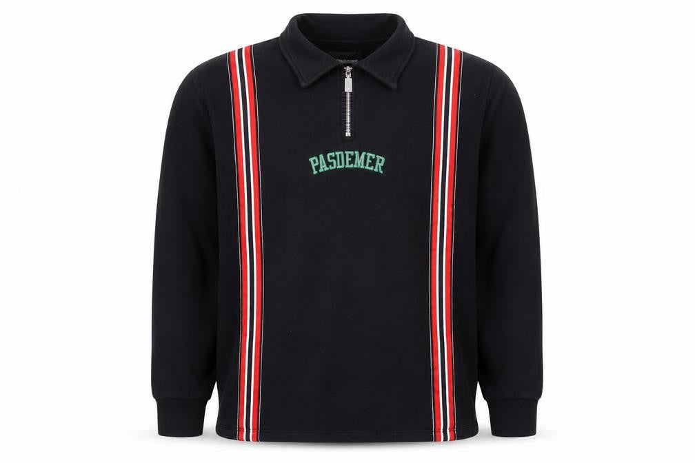 PASDEMER Men's Black L 1/4 Zip Collared Striped Sweatshirt