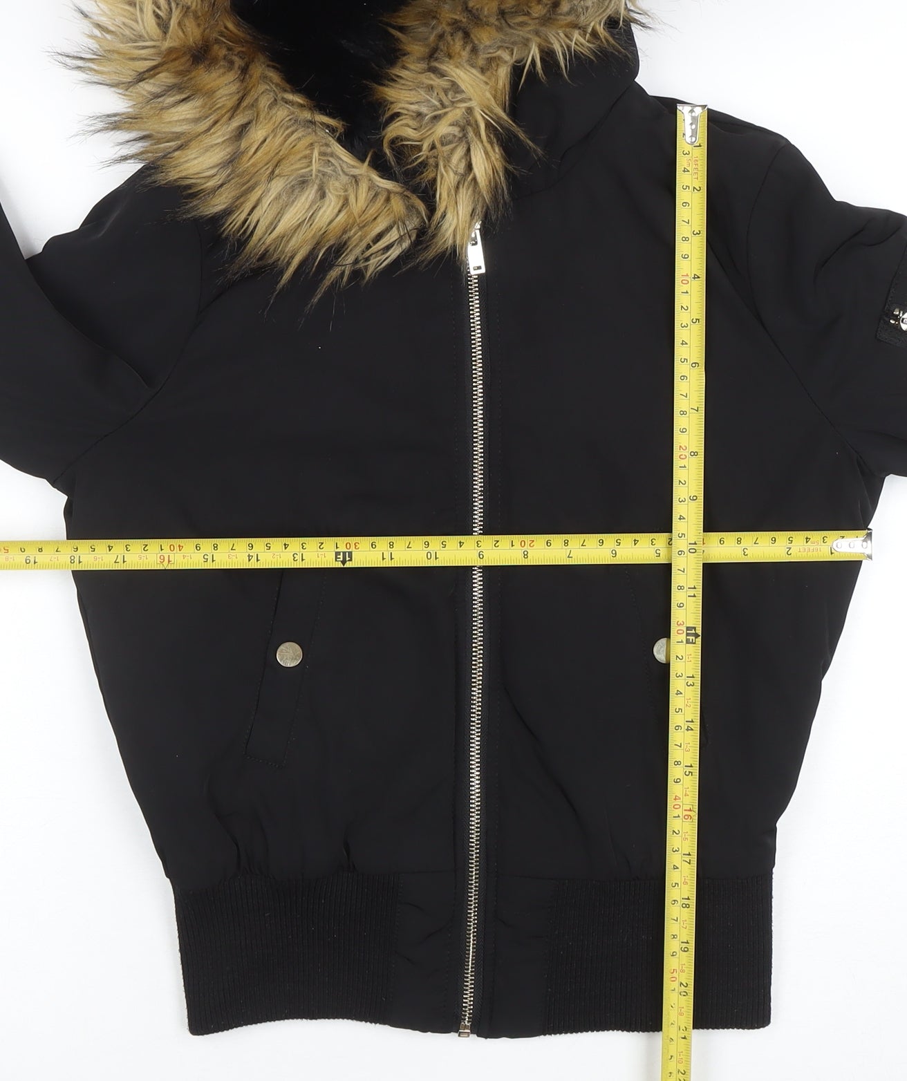 Miss Selfridge Women's Black Faux Fur Hooded Bomber Jacket UK 8