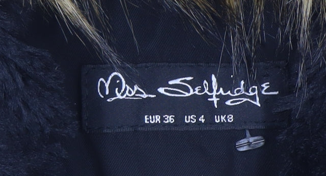 Miss Selfridge Women's Black Faux Fur Hooded Bomber Jacket UK 8