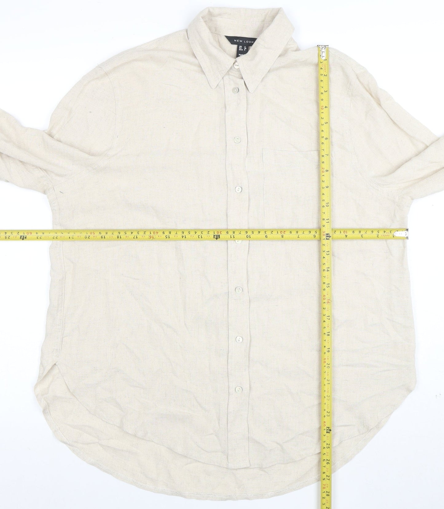 New Look Women Beige Long Sleeve Linen Button-Up Shirt Size 8