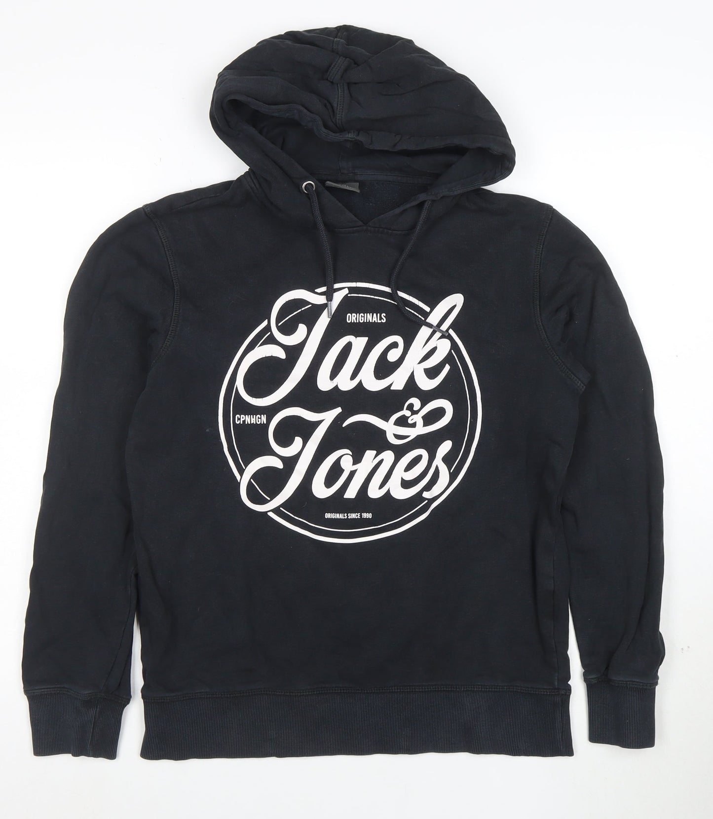 Jack & Jones Mens Black Pullover Hoodie Small Graphic Print