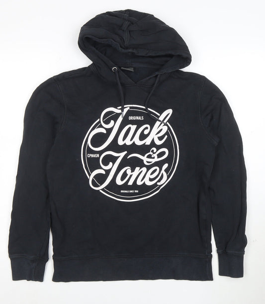 Jack & Jones Mens Black Pullover Hoodie Small Graphic Print