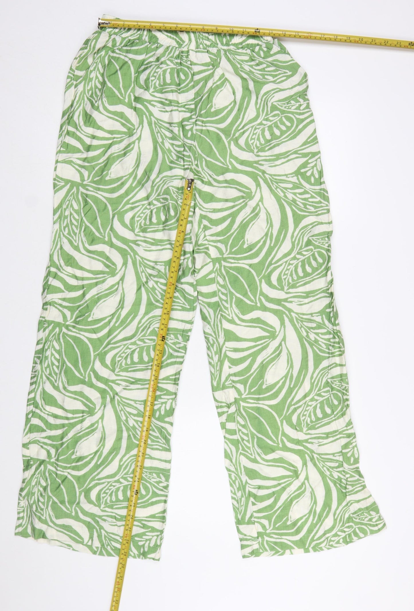 Flamant Rose Women’s Green Leaf Print Wide-Leg Trousers Size L