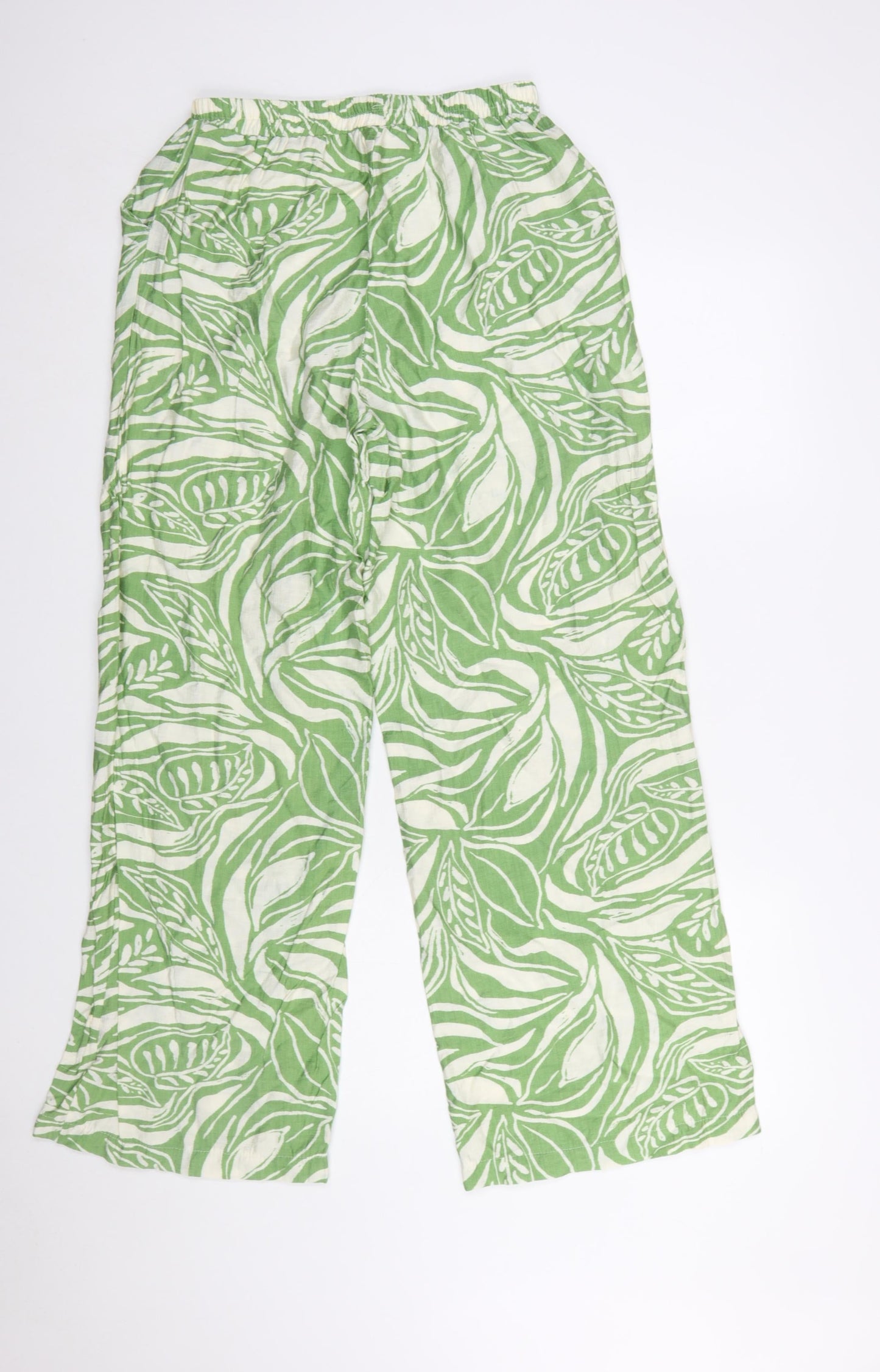 Flamant Rose Women’s Green Leaf Print Wide-Leg Trousers Size L