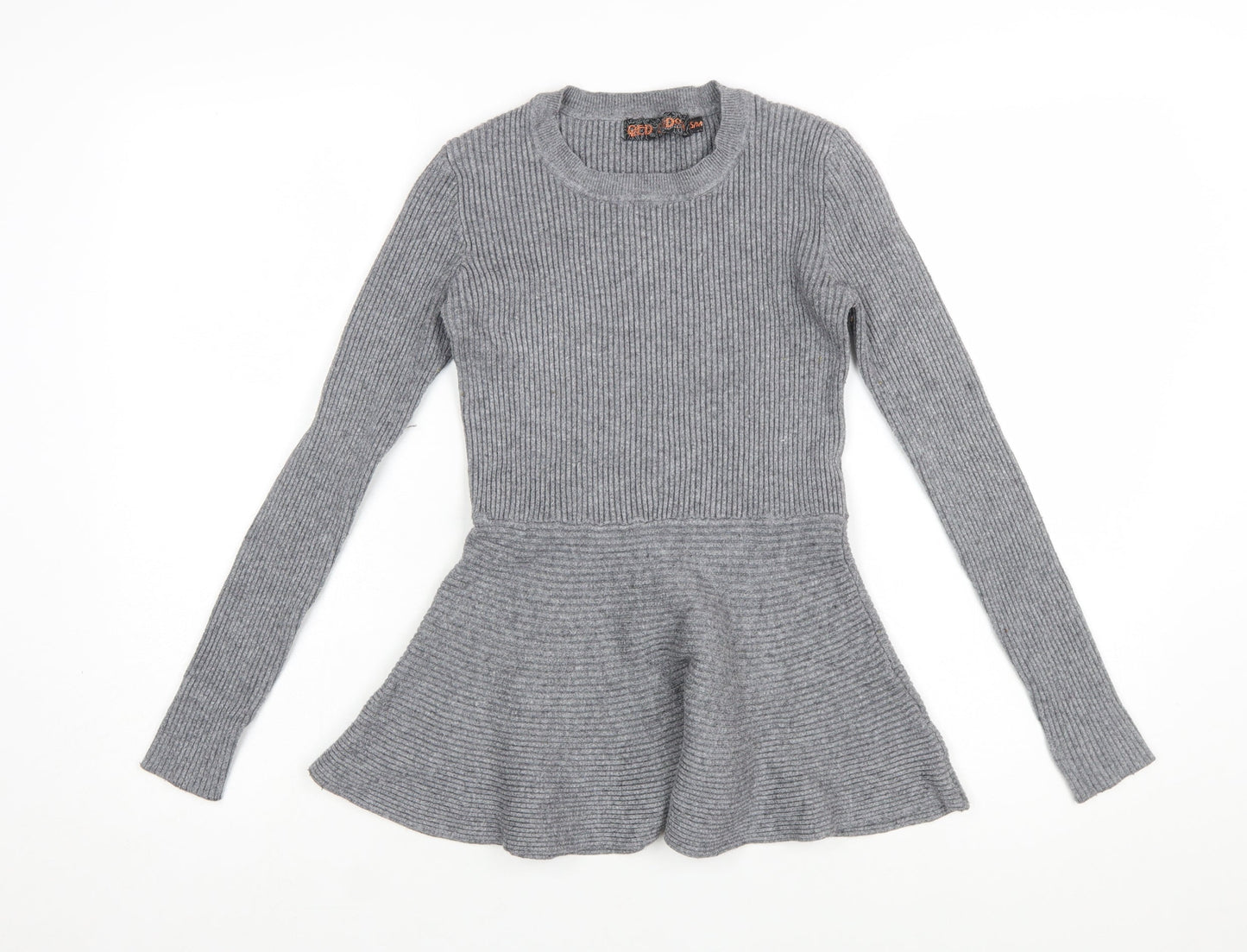 QED London Women's Grey Ribbed Knit Peplum Jumper Size S