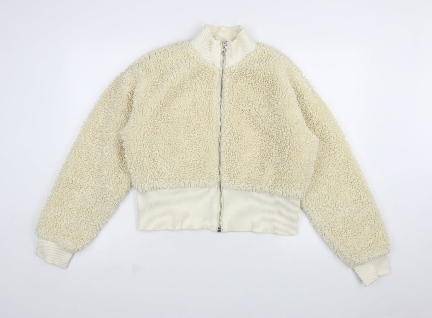 Weekday Women Ivory Cropped Fleece Bomber Jacket Size M