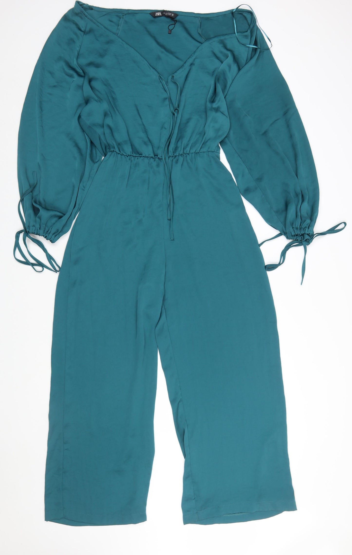 Zara Women Teal Long Sleeve V-Neck Jumpsuit Size XS Polyester