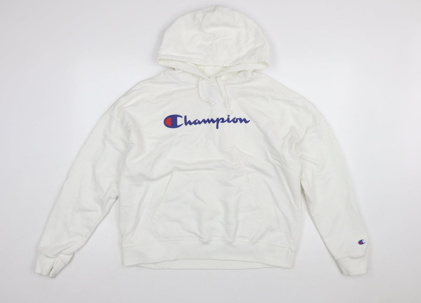 Champion Mens White Pullover Hoodie L Logo Athletic Fleece Sweatshirt