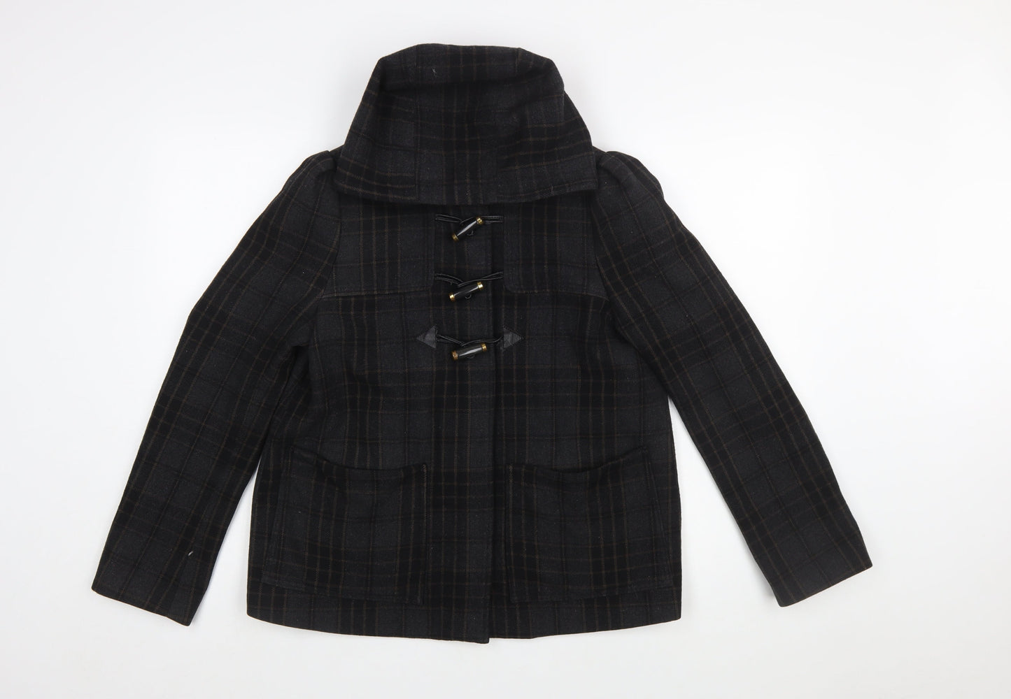 H&M Women Black Check Wool Blend Toggle Duffle Coat Size 10