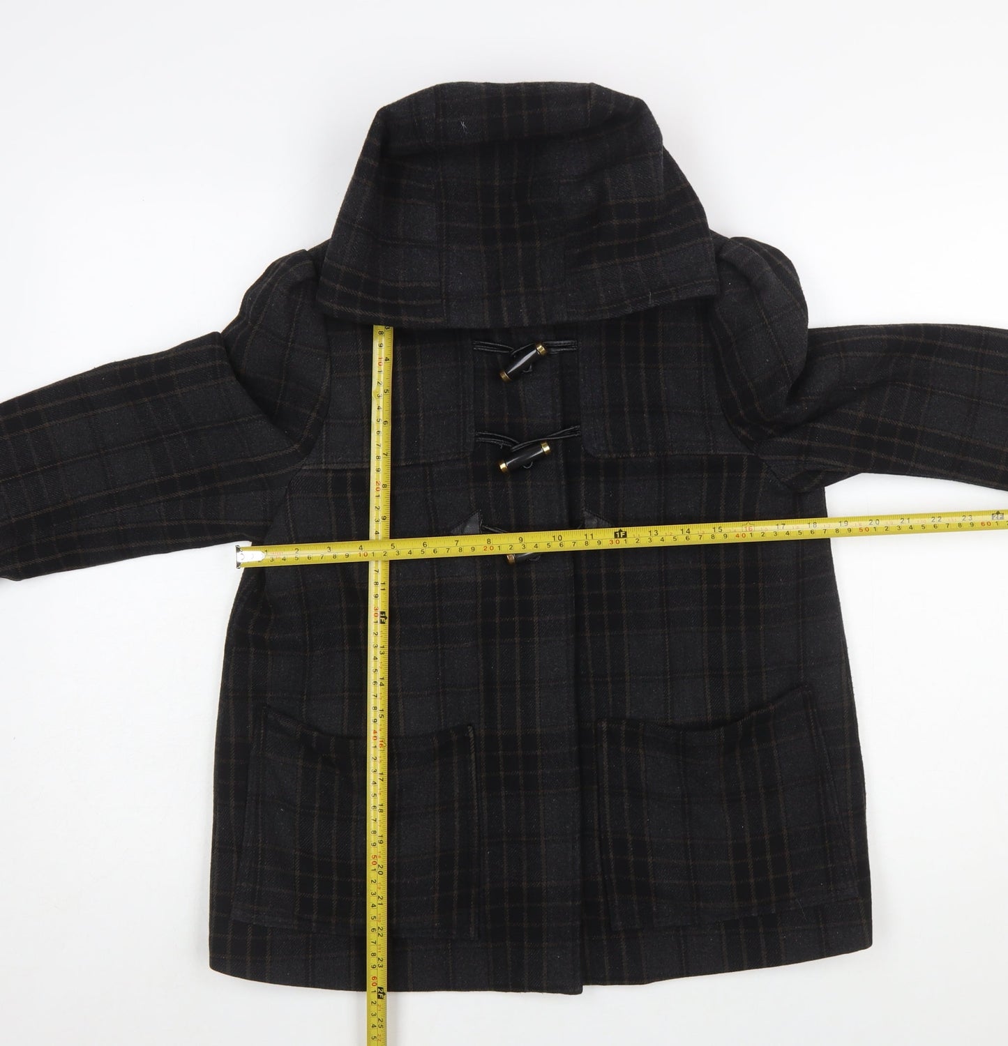 H&M Women Black Check Wool Blend Toggle Duffle Coat Size 10