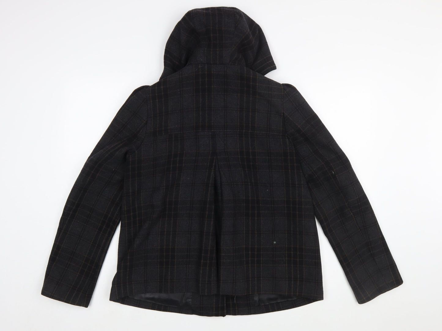 H&M Women Black Check Wool Blend Toggle Duffle Coat Size 10