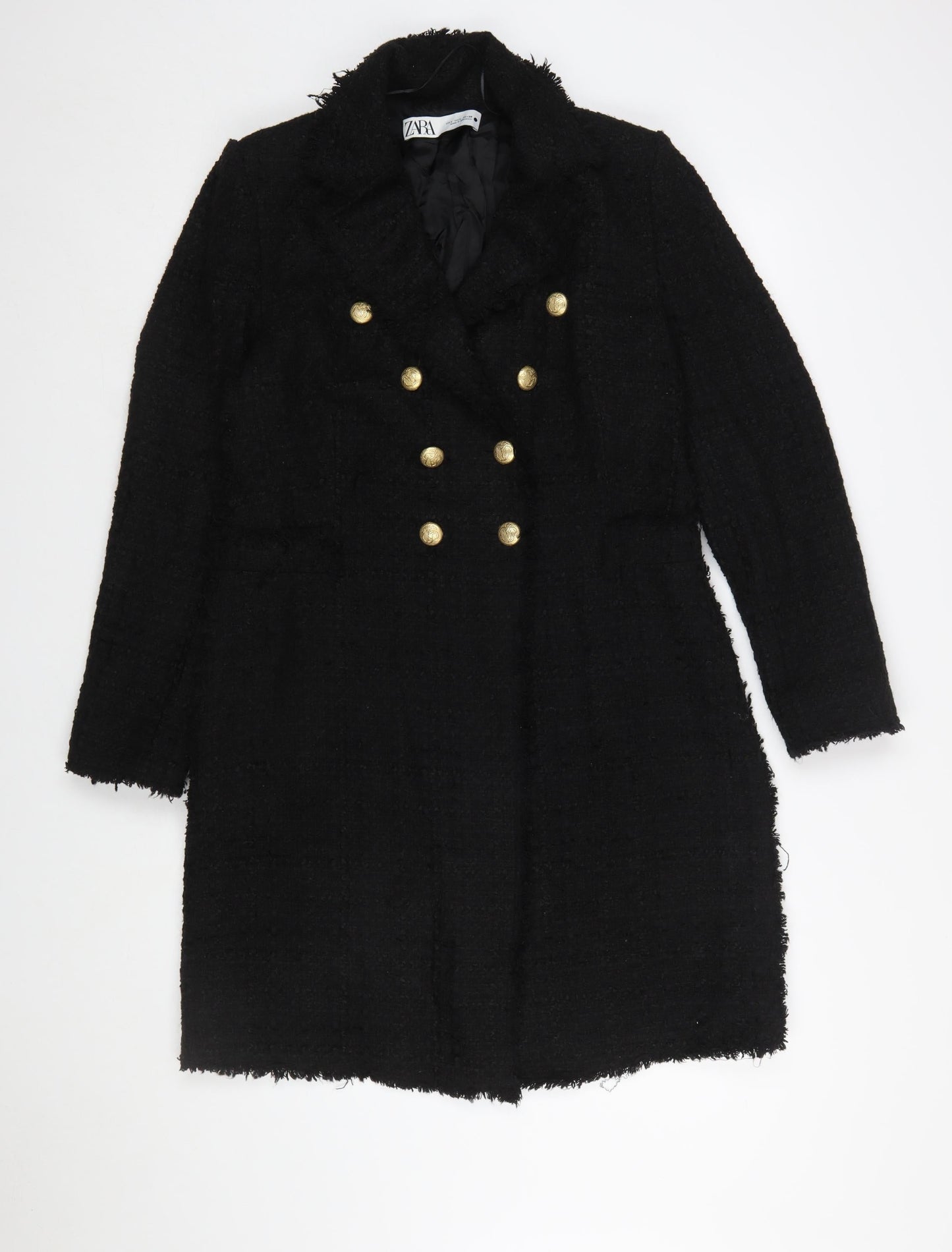 Zara Women’s Black L Long Tweed Military Coat with Gold Buttons