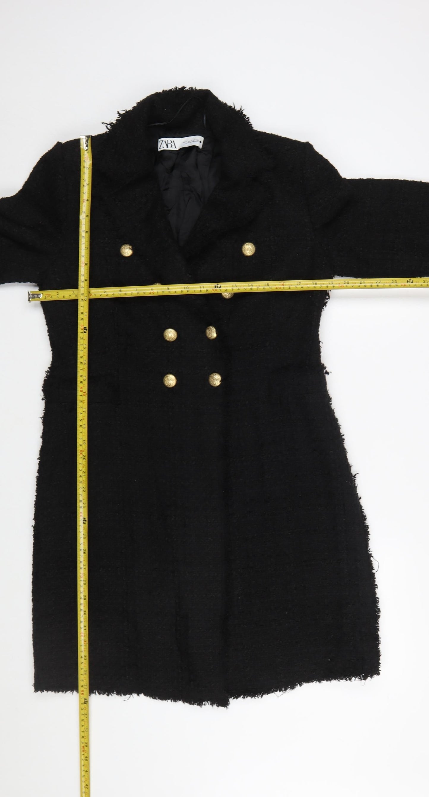 Zara Women’s Black L Long Tweed Military Coat with Gold Buttons
