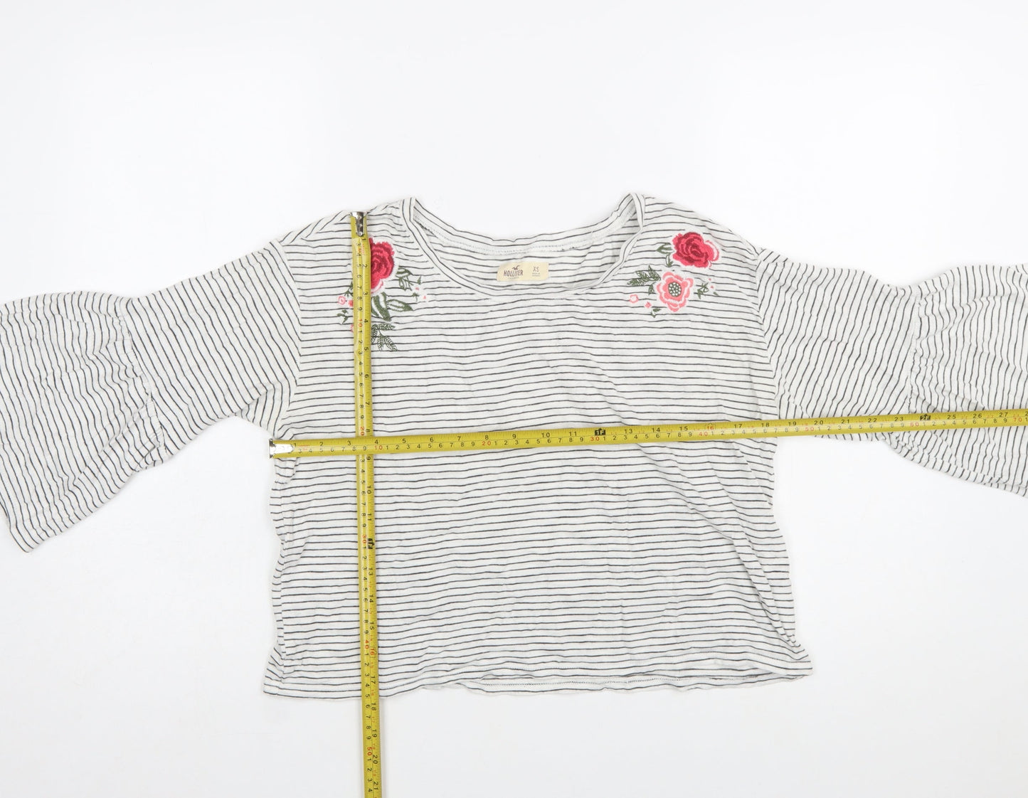 Hollister Women White Striped Embroidered Cropped Bell Sleeve T-Shirt XS