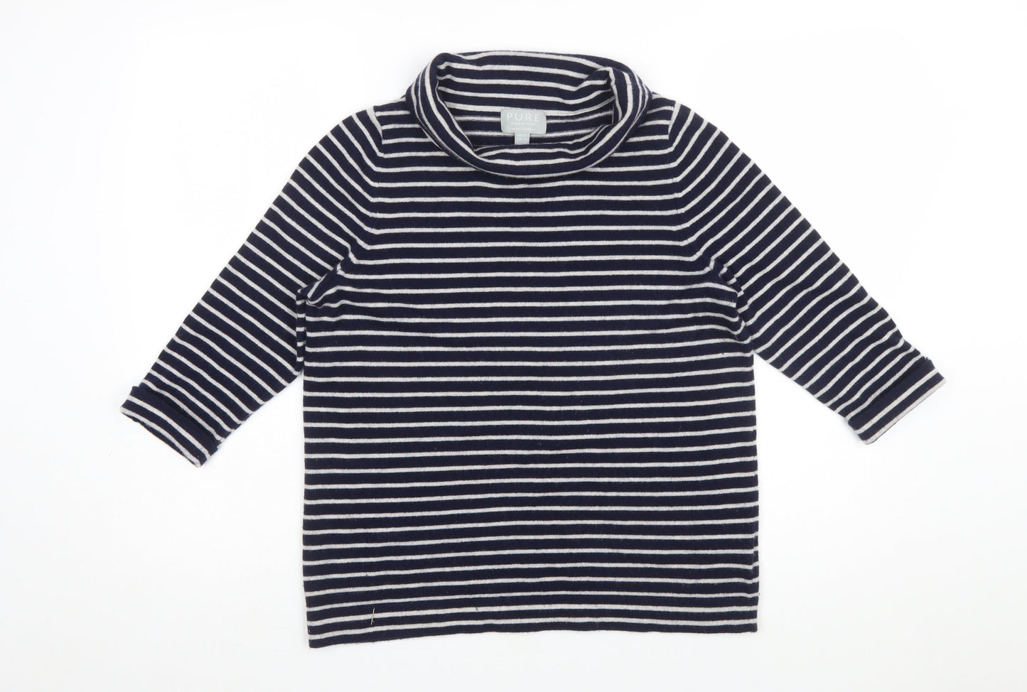 Pure Collection Women’s Blue Striped Roll Neck 3/4 Sleeve Cashmere Jumper Size 10