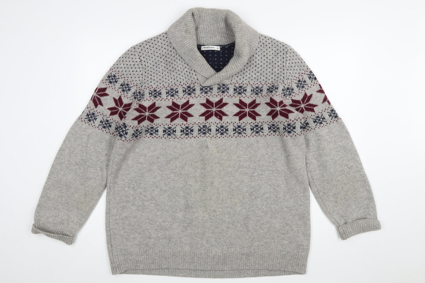 WoolOvers Men’s Grey Fair Isle Lambswool Roll Neck Jumper XL