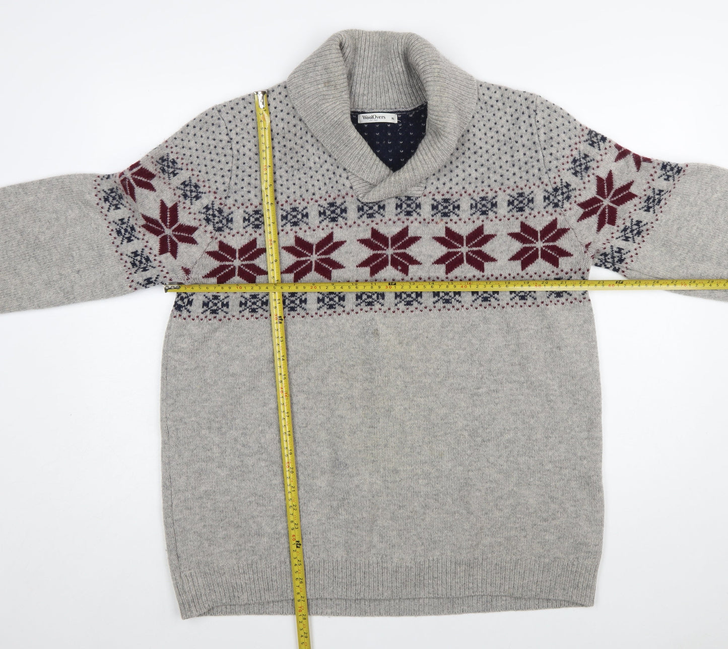 WoolOvers Men’s Grey Fair Isle Lambswool Roll Neck Jumper XL