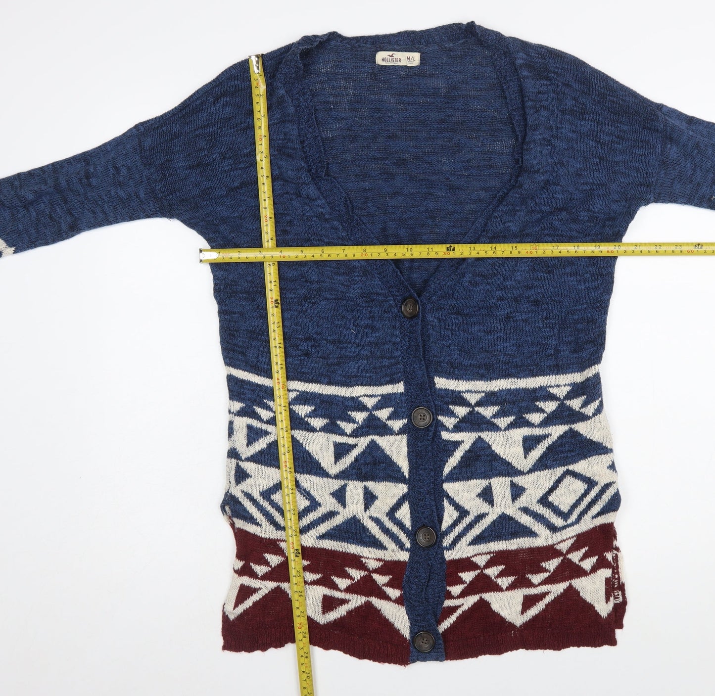 Hollister Women Blue Aztec Knit Long Sleeve Cardigan M
