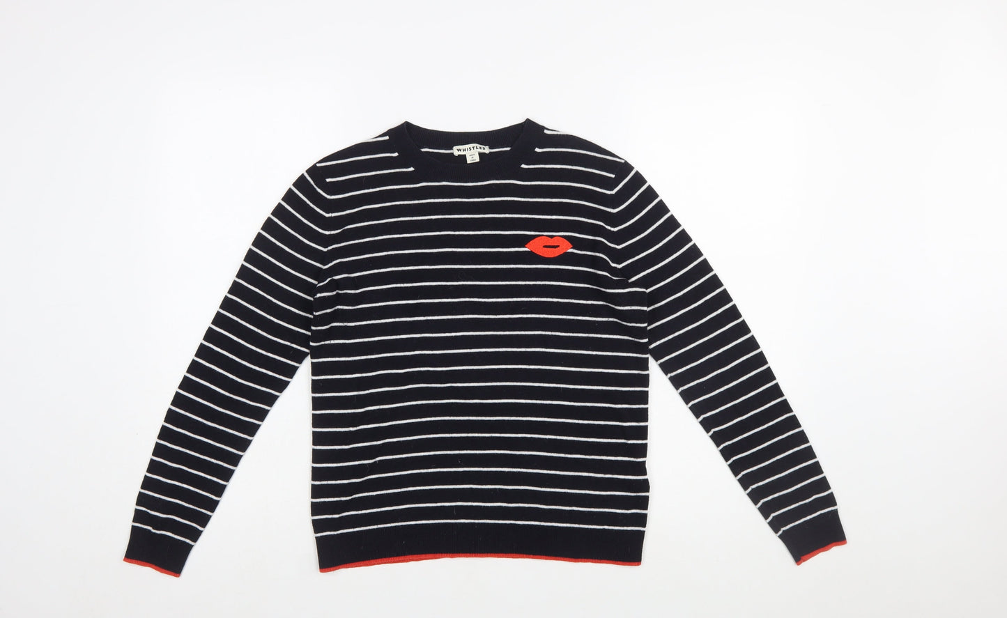 Whistles Women Navy Striped Cotton Jumper with Red Lips Motif Size 12
