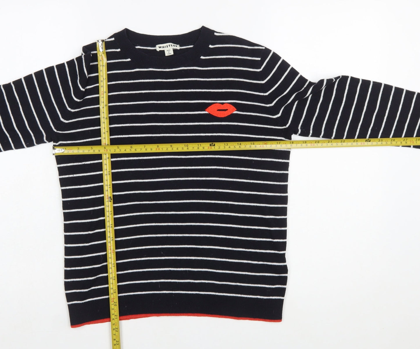Whistles Women Navy Striped Cotton Jumper with Red Lips Motif Size 12