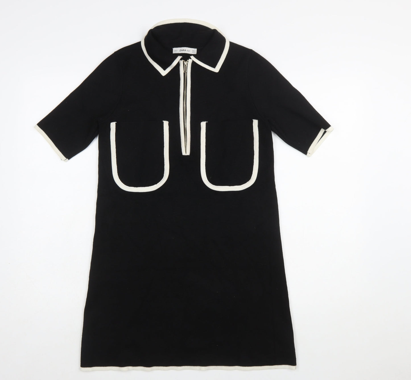 Zara Women Black Collared Knit Shift Dress Size S