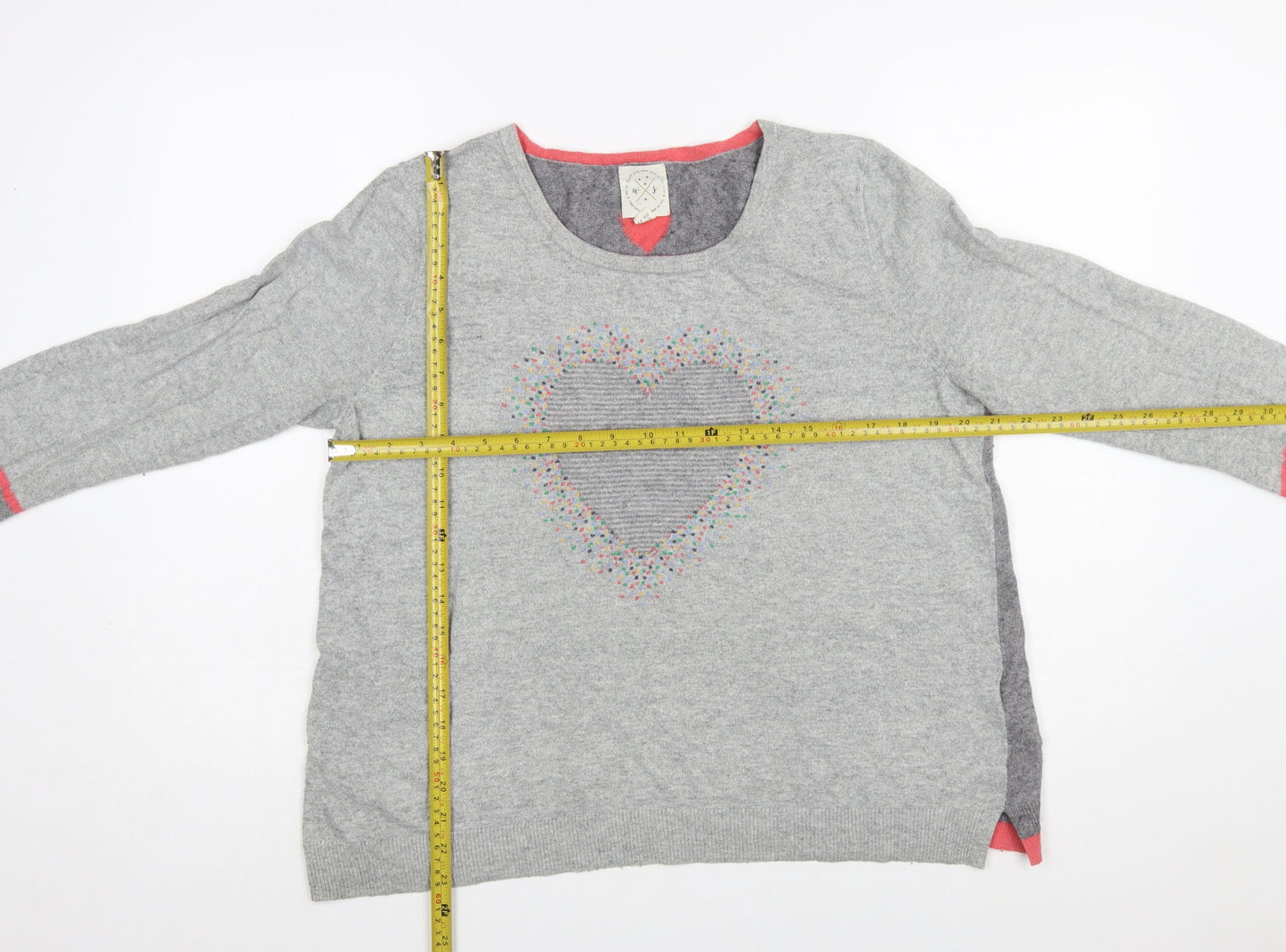 White Stuff Women Grey Heart Pullover Jumper Size 16 Cotton Blend