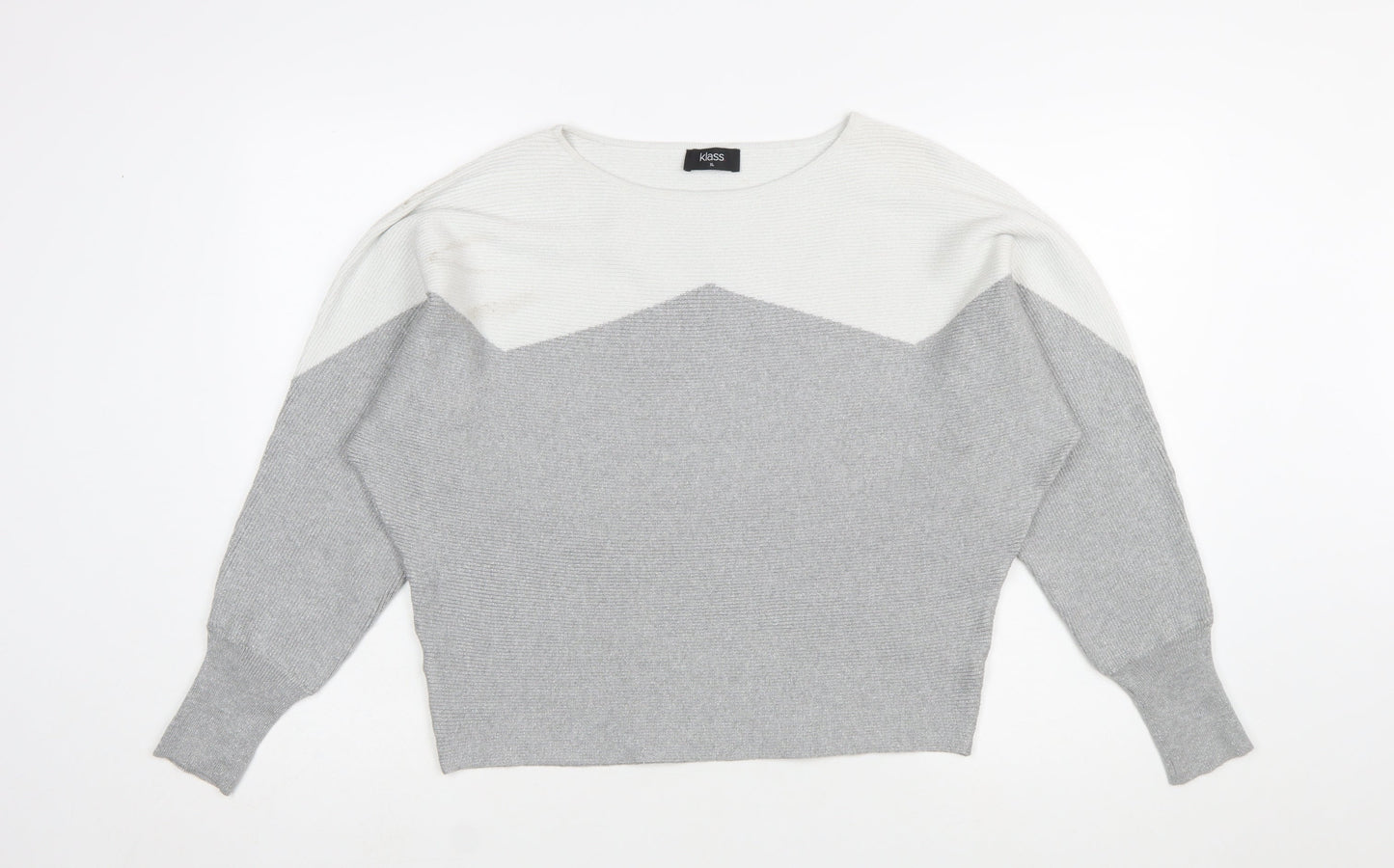 Klass Women's Grey Ivory Knit Pullover Jumper XL Relaxed Long Sleeve