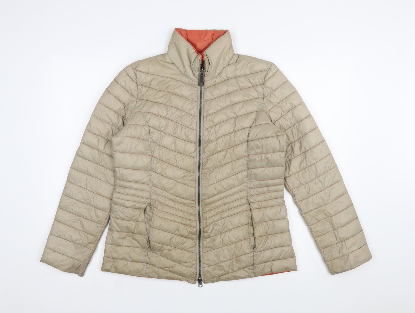 Barbara Lebek Women Beige Puffer Jacket Size 10 Quilted Mid-Length