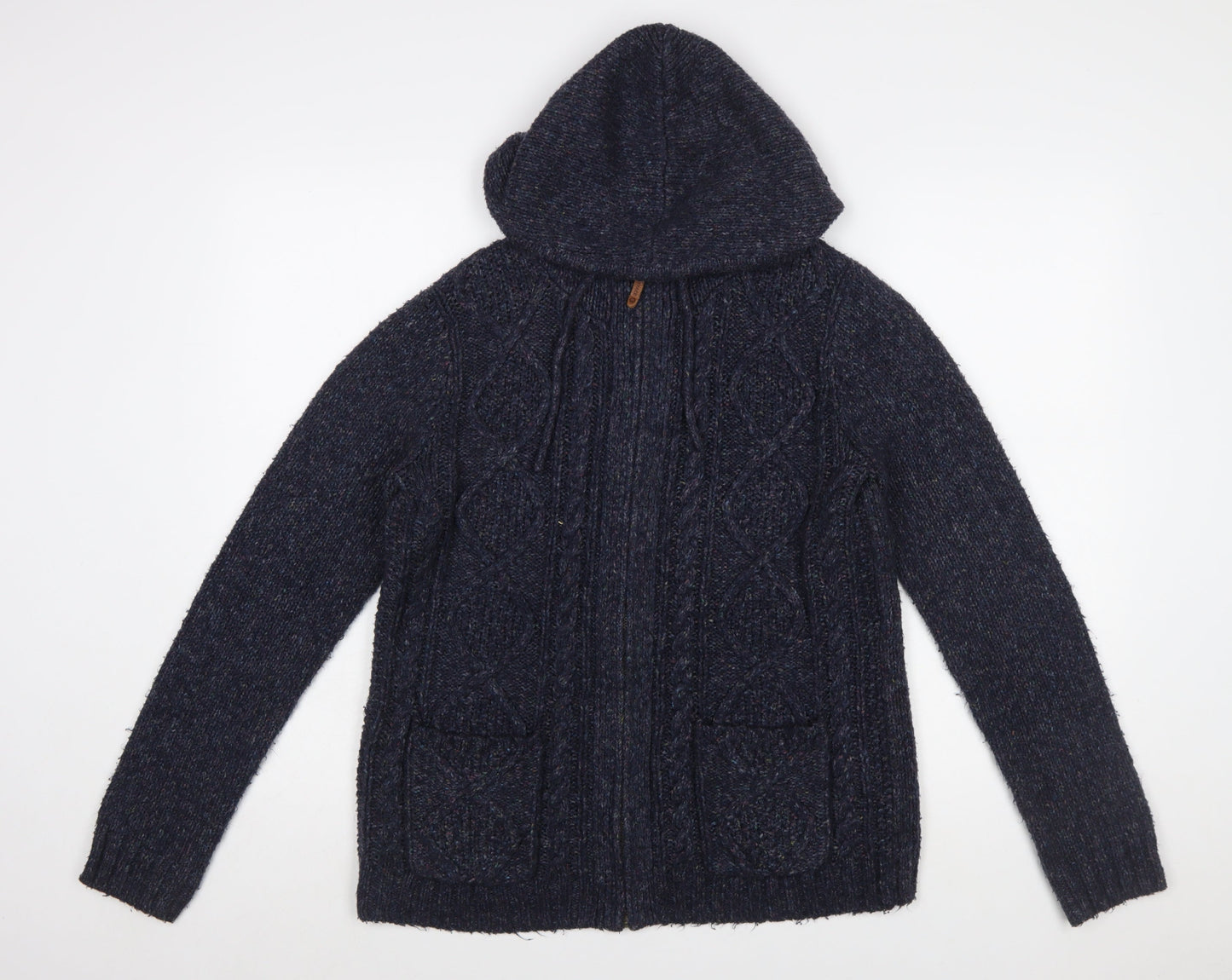 Fat Face Women's Navy Hooded Cable-Knit Full Zip Cardigan Size 12