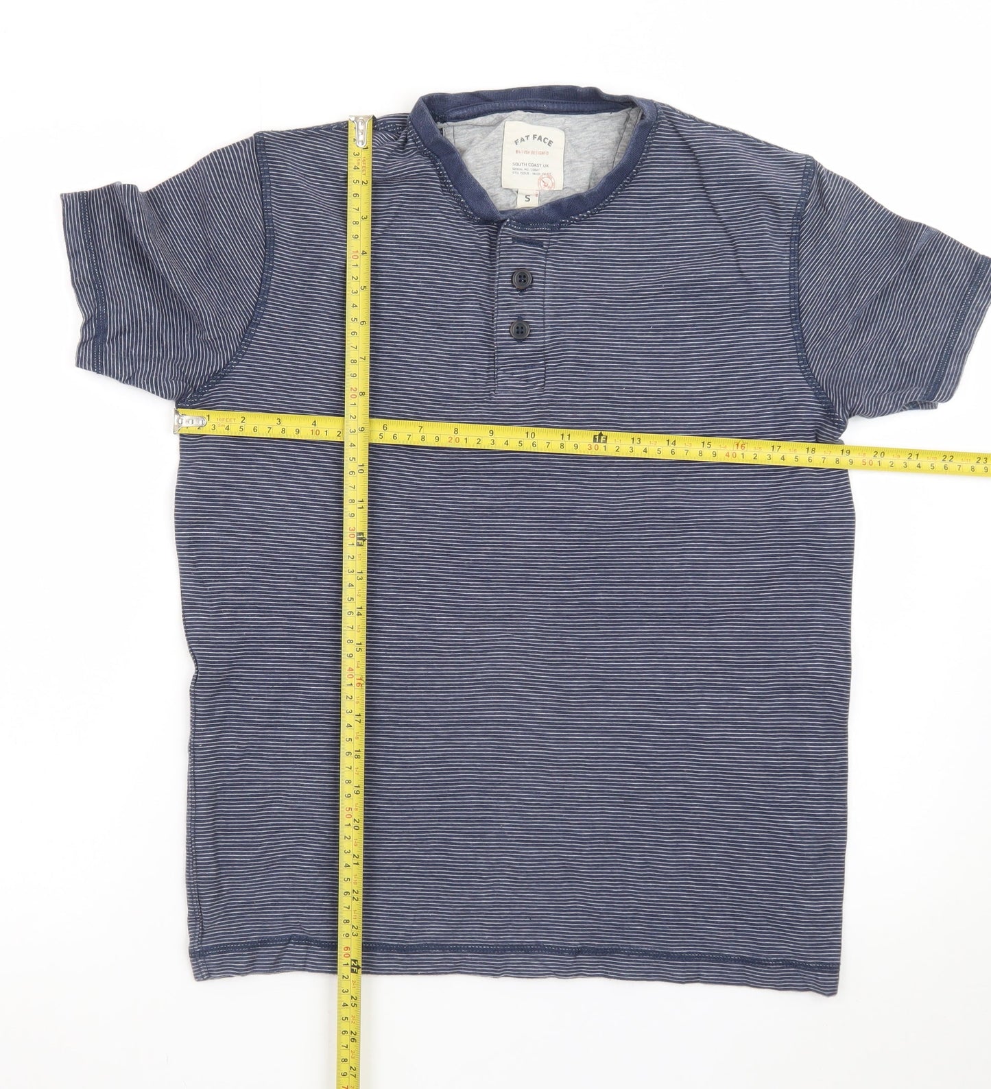 Fat Face Women Blue Striped Henley T-Shirt Size S Cotton