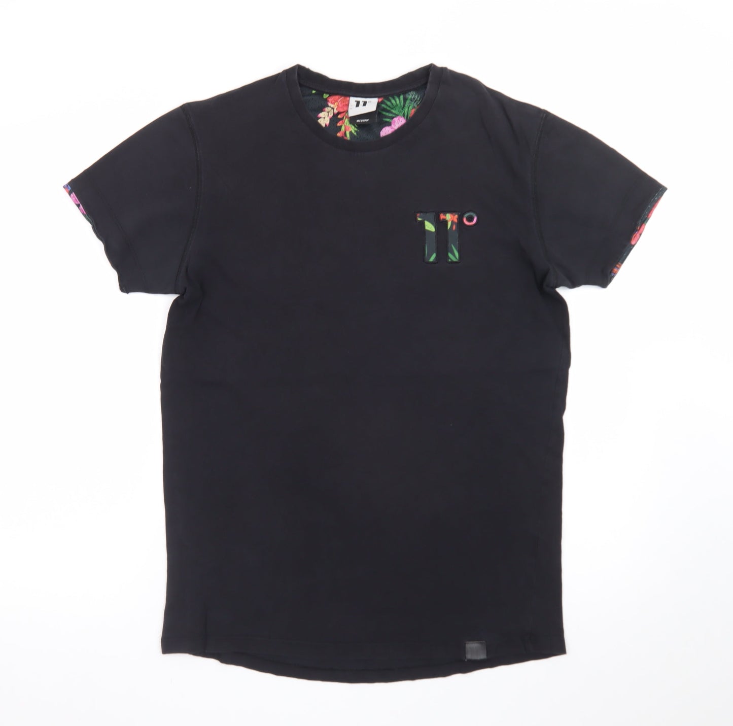 11 Degrees Men's Black Floral Trim Crew Neck Slim T-Shirt Medium