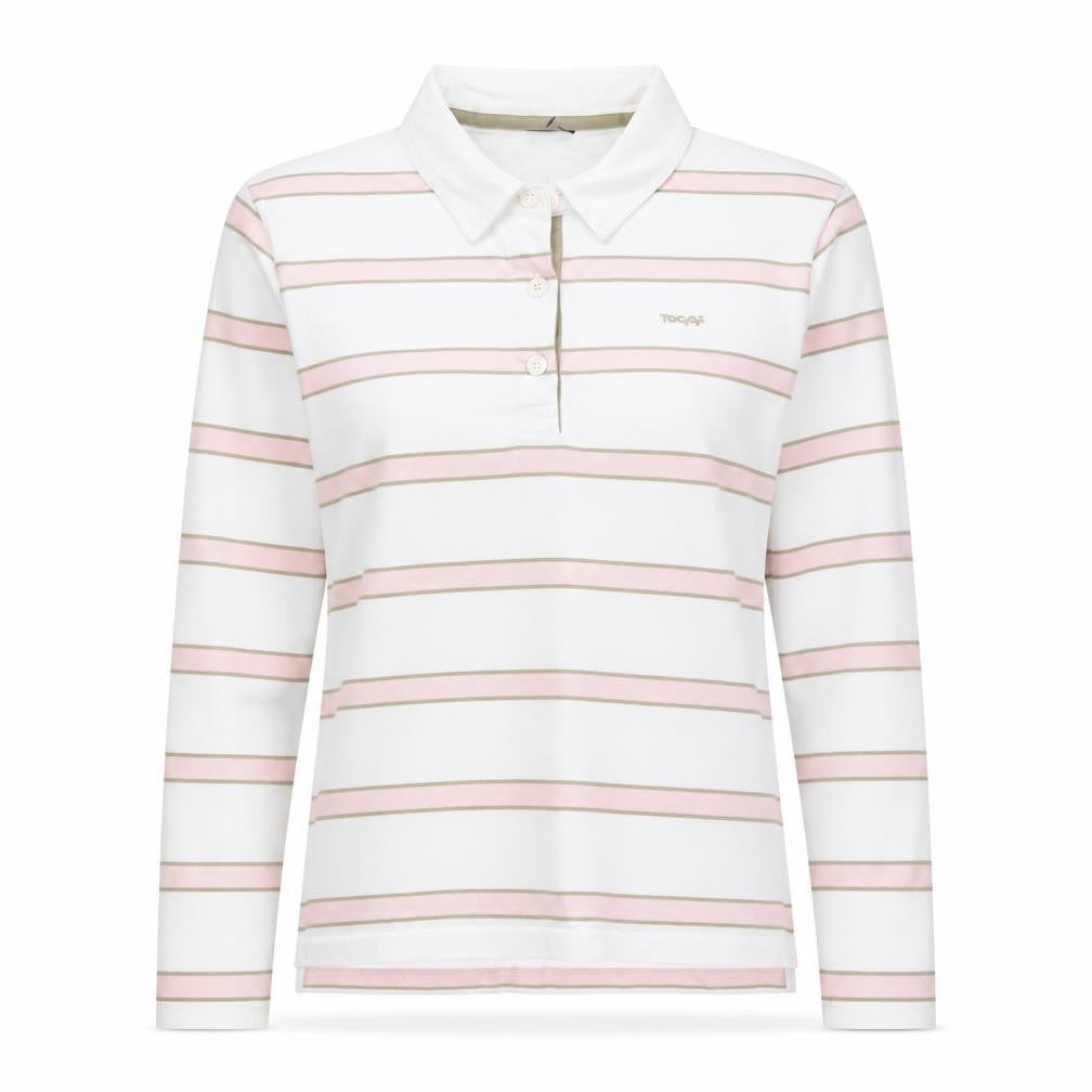Toggi Women's White Pink Striped Cotton Long Sleeve Polo Shirt Size 14