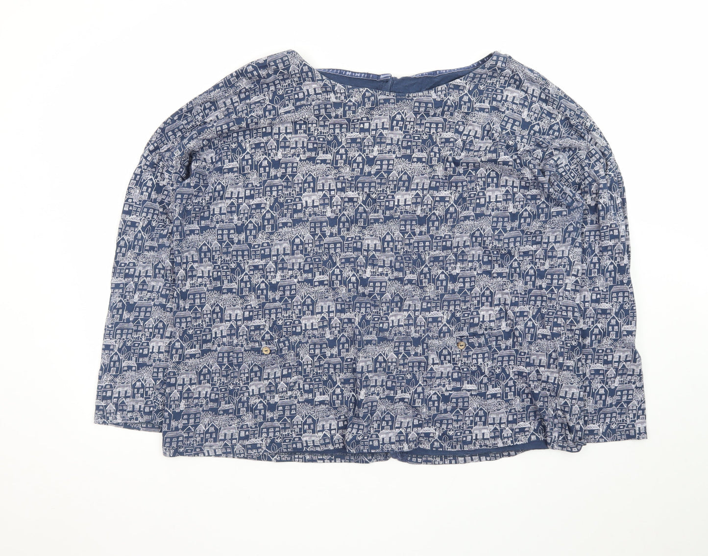 Mantaray Women Blue City Print Cotton Long Sleeve Tunic Blouse Size 20