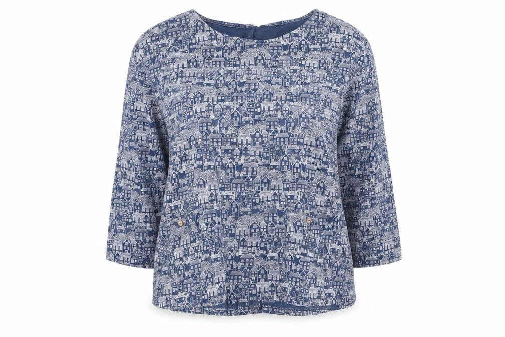 Mantaray Women Blue City Print Cotton Long Sleeve Tunic Blouse Size 20