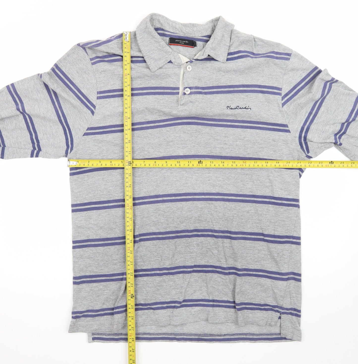 Pierre Cardin Men Grey Striped Long Sleeve Polo Shirt 2XL Classic Fit