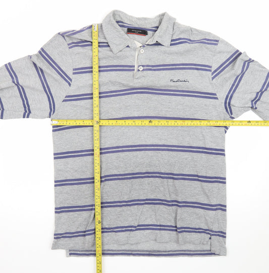 Pierre Cardin Men Grey Striped Long Sleeve Polo Shirt 2XL Classic Fit