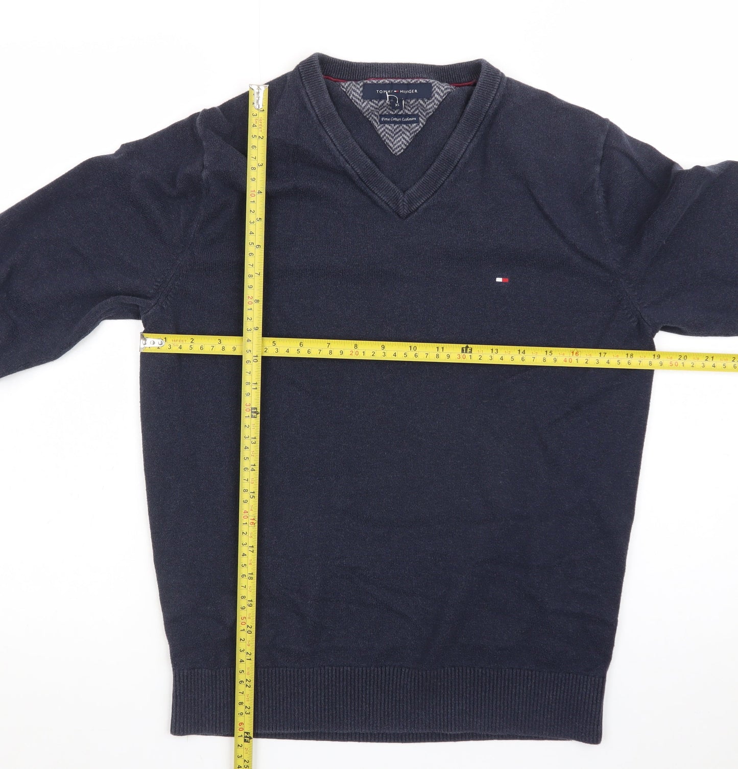 Tommy Hilfiger Men's Blue XS V-Neck Cotton Cashmere Jumper