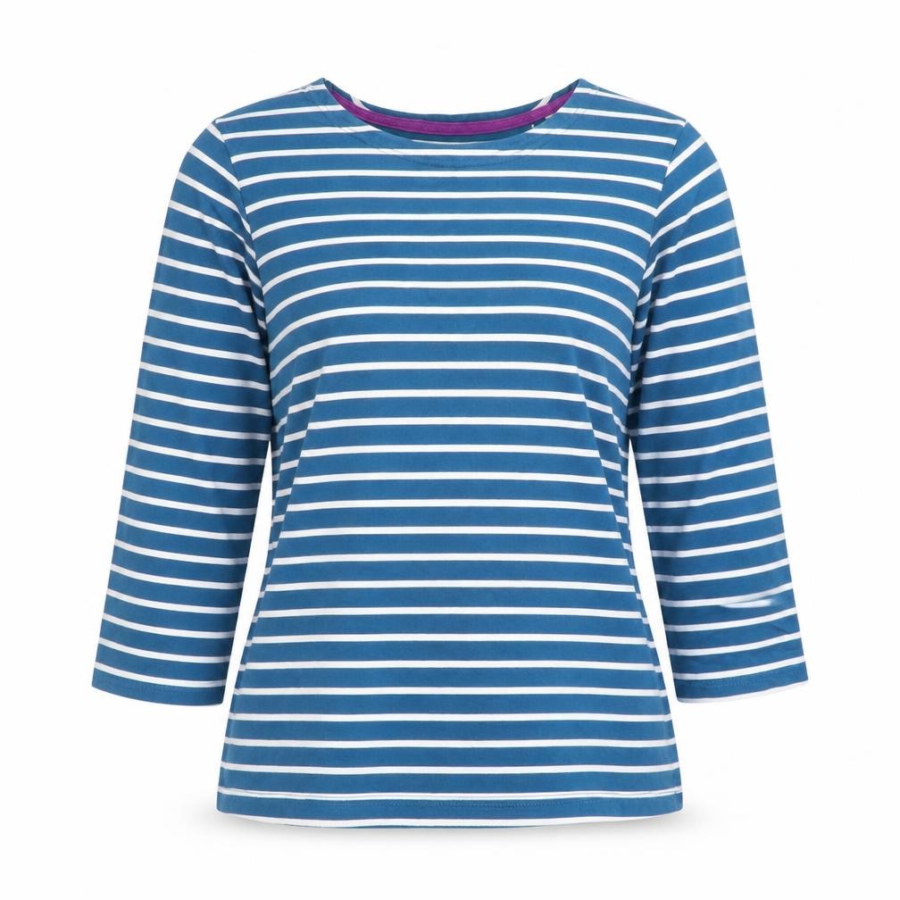 Crane Equestrian Women Blue Striped 3/4 Sleeve Cotton Top UK 8-10