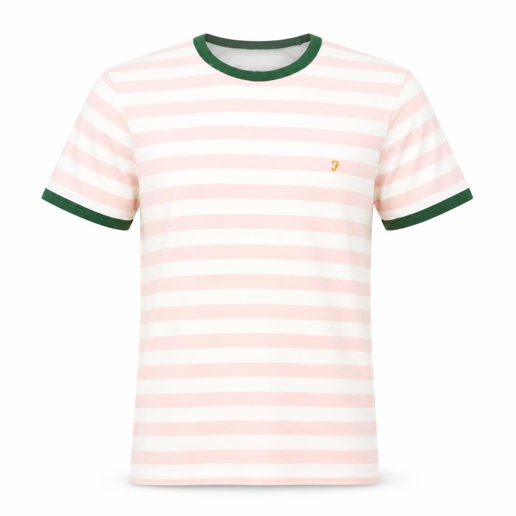 Farah Men's Pink Striped Crew Neck Regular Fit Cotton T-Shirt M