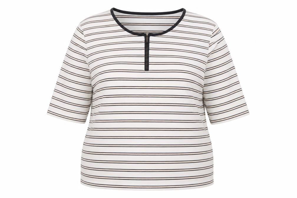 Emreco Women's Ivory Striped 3/4 Sleeve Jersey Zip T-Shirt UK 18