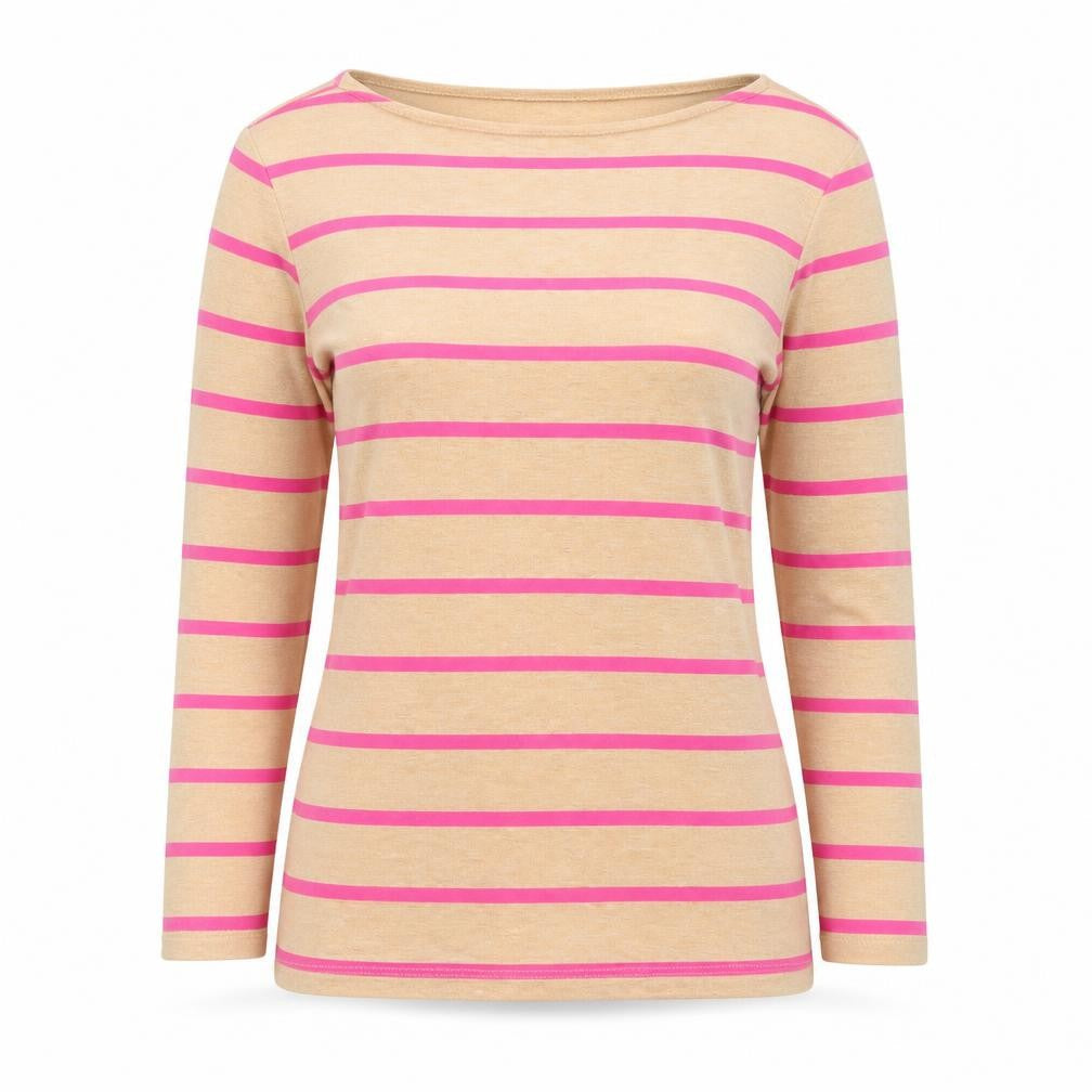 Marks and Spencer Women's Beige Pink Striped 3/4 Sleeve Boat Neck Cotton Top Size 12