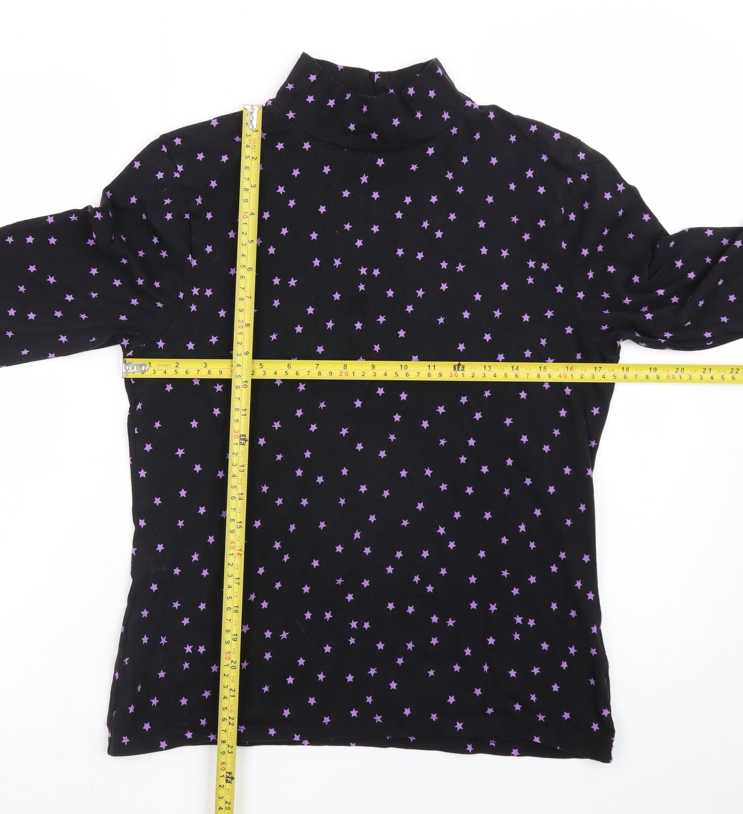 Marks and Spencer Womens Black Star Print Cotton Roll Neck Top Size 14