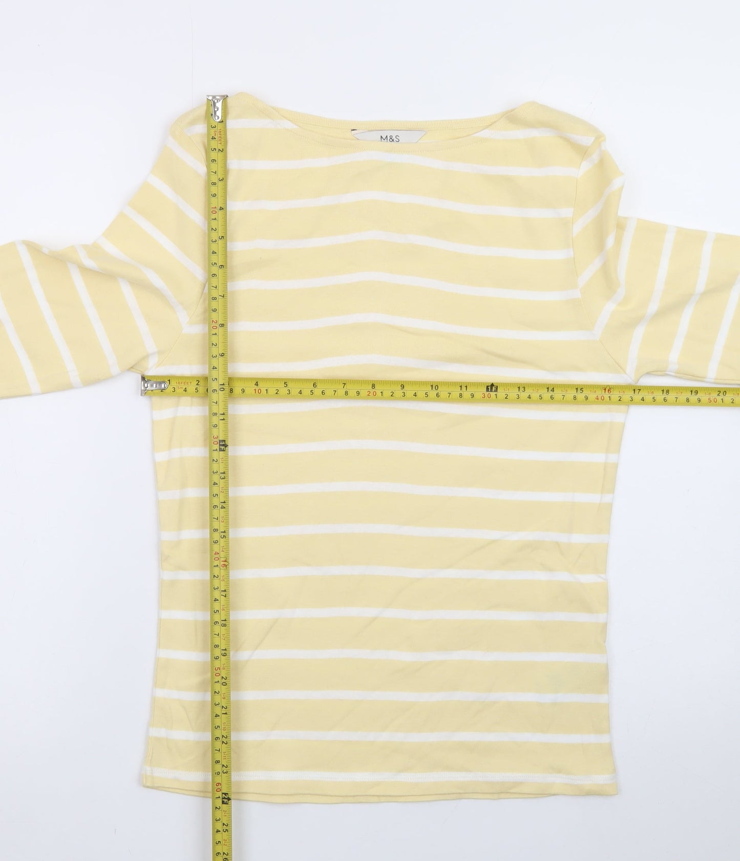 Marks and Spencer Women’s Yellow Striped 3/4 Sleeve Cotton T-Shirt Size 12